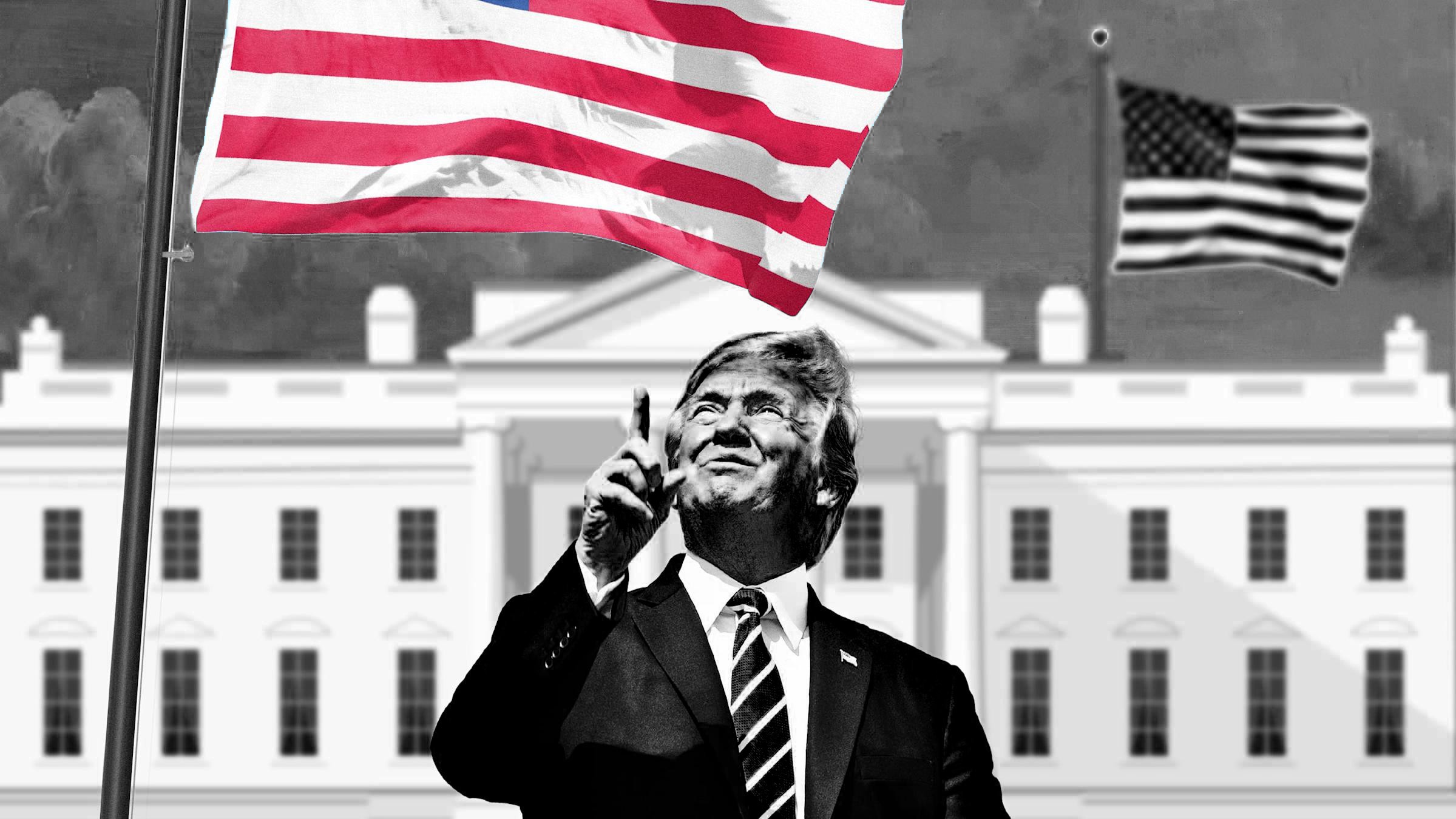 Donald Trump saluting an oversized American flag on a towering flagpole in front of the White House