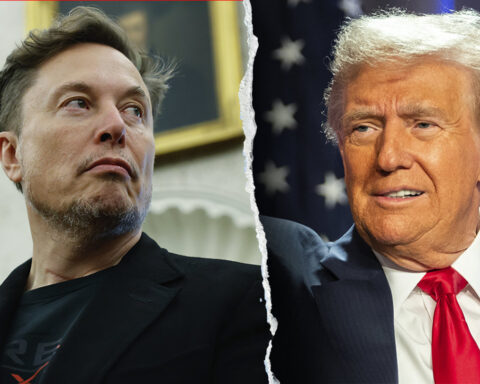Split image of Elon Musk and Donald Trump facing off amid political and personal feud.