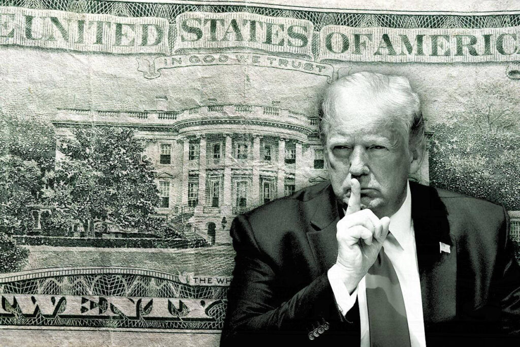 Donald Trump making a shushing gesture in front of a twenty-dollar bill featuring the White House, symbolizing secrecy in federal financial programs
