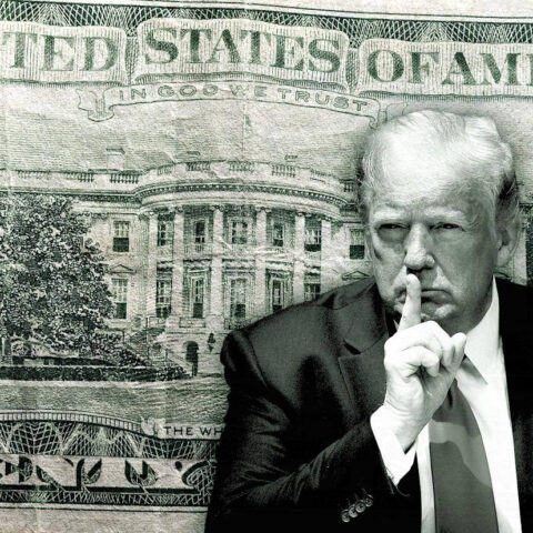 Donald Trump making a shushing gesture in front of a twenty-dollar bill featuring the White House, symbolizing secrecy in federal financial programs