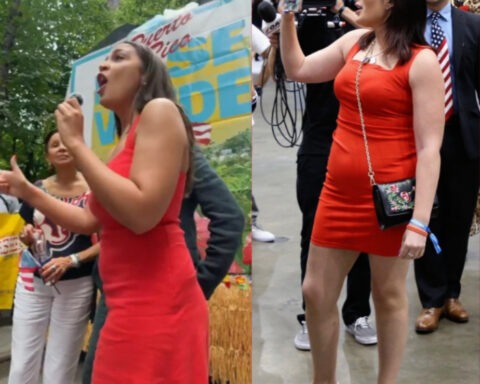 Side-by-side photos of Alexandria Ocasio-Cortez and Laura Loomer both wearing red dresses during public appearances