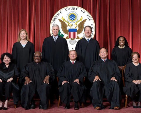 Nine Supreme Court justices, dressed like Hogwarts faculty, prepare to overrule lunch