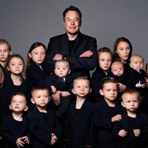 Elon Musk posing with large group of children wearing matching black outfits