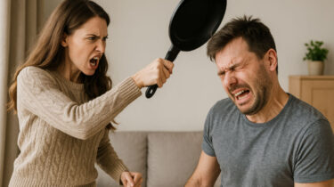 Angry woman holding frying pan while husband winces during pillow argument