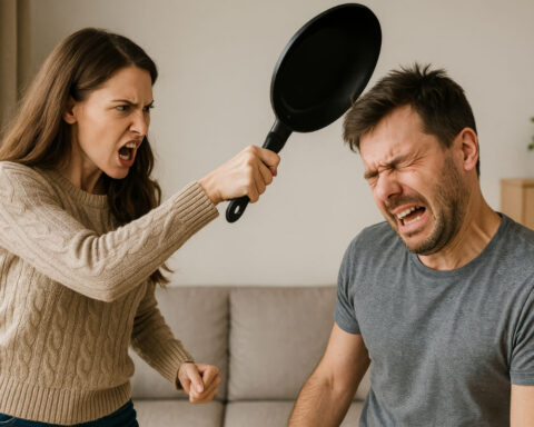 Angry woman holding frying pan while husband winces during pillow argument