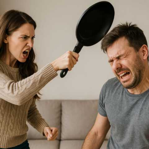 Angry woman holding frying pan while husband winces during pillow argument