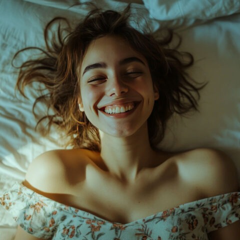 Smiling young woman lying on bed enjoying morning light and comfort