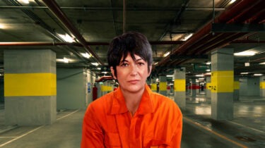 Ghislaine Maxwell in prison jumpsuit standing in underground parking garage
