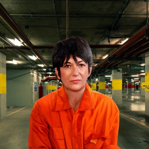Ghislaine Maxwell in prison jumpsuit standing in underground parking garage