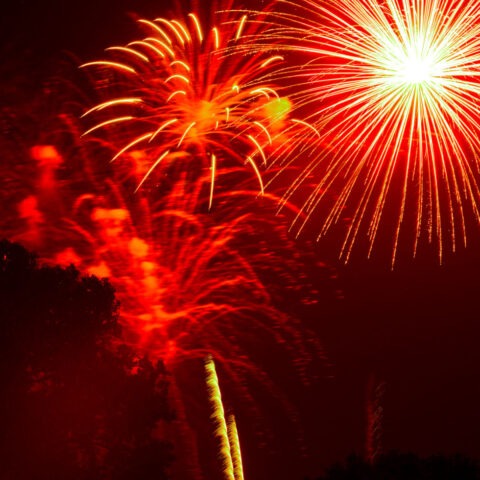 Fireworks exploding in a dry suburban neighborhood