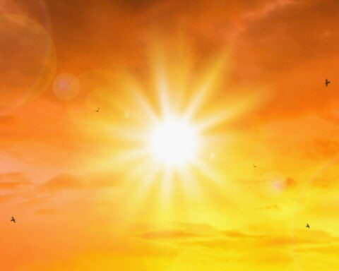Heat wave of extreme sun and sky background. Hot weather with global warming concept. Temperature of Summer season.