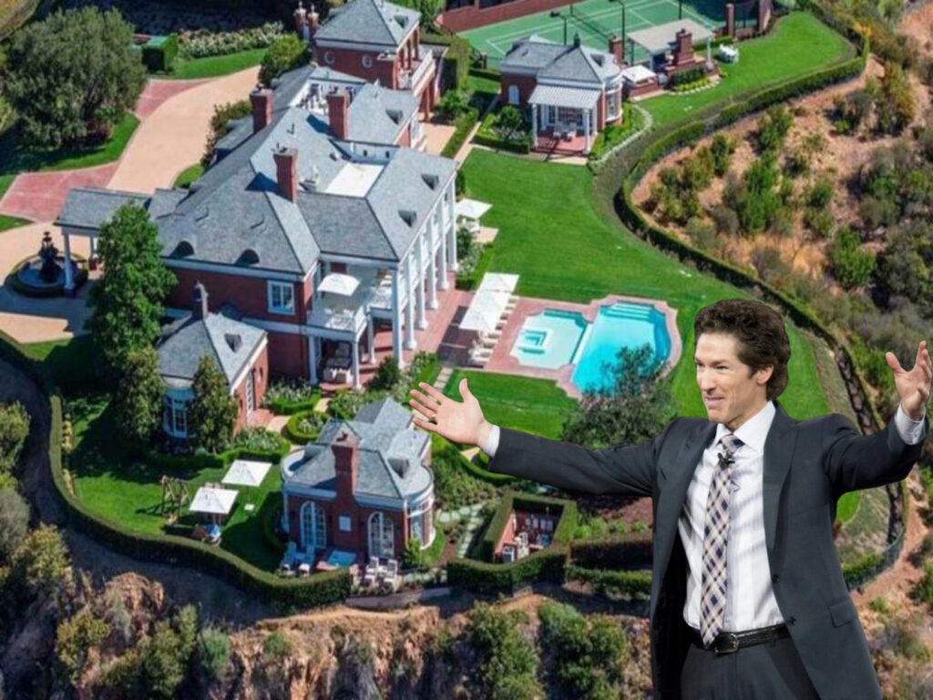 Joel Osteen smiling in front of his massive luxury mansion