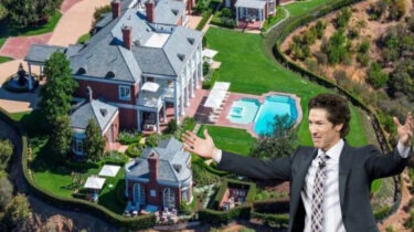 Joel Osteen smiling in front of his massive luxury mansion