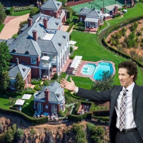 Joel Osteen smiling in front of his massive luxury mansion