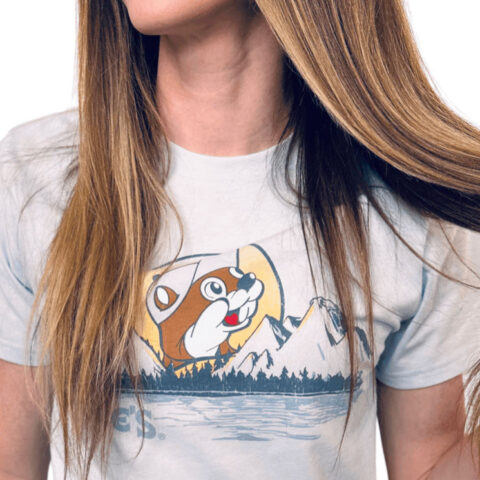 Woman wearing Buc-ee’s t-shirt pulling hair playfully