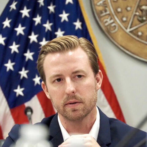 Ryan Walters speaking at a press conference in Oklahoma