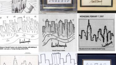 Collage of Donald Trump’s skyline doodles with his signature