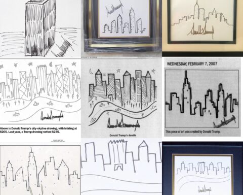 Collage of Donald Trump’s skyline doodles with his signature