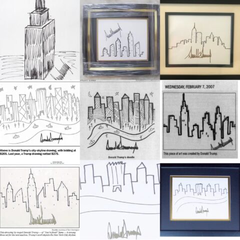 Collage of Donald Trump’s skyline doodles with his signature