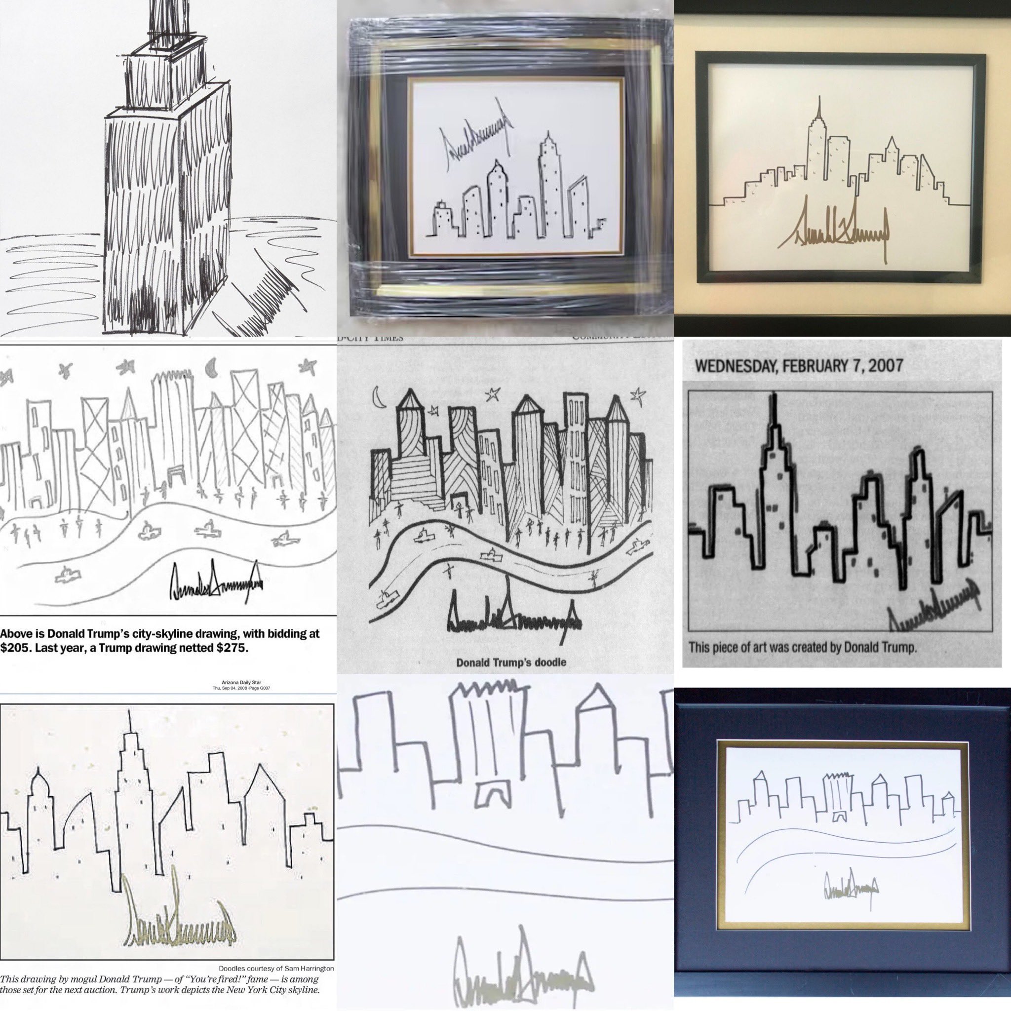 Collage of Donald Trump’s skyline doodles with his signature
