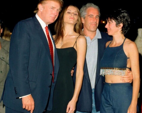 Donald Trump, Melania, Jeffrey Epstein, and Ghislaine Maxwell pose at an event