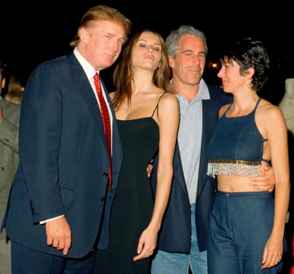 Donald Trump, Melania, Jeffrey Epstein, and Ghislaine Maxwell pose at an event