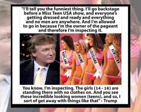 Donald Trump smiling at Miss Teen USA contestants in pageant sashes