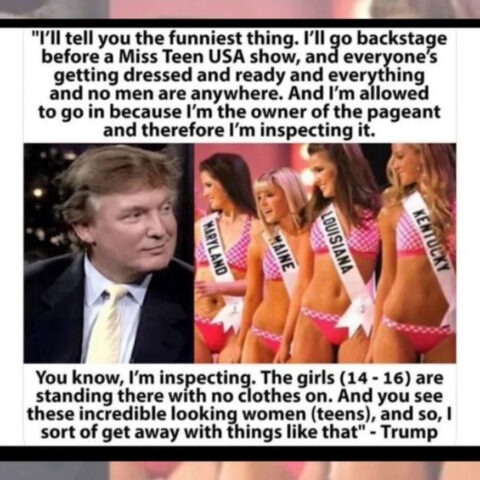 Donald Trump smiling at Miss Teen USA contestants in pageant sashes