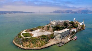 Aerial view of Alcatraz Island in San Francisco Bay