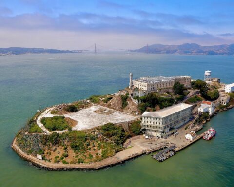 Aerial view of Alcatraz Island in San Francisco Bay