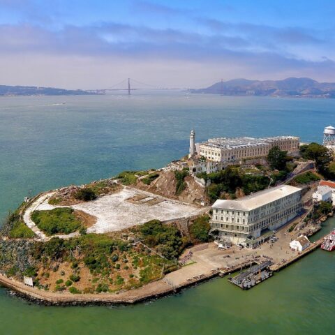 Aerial view of Alcatraz Island in San Francisco Bay