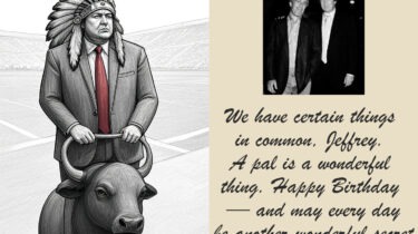 Trump sketch wearing Native headdress riding buffalo next to Epstein birthday card