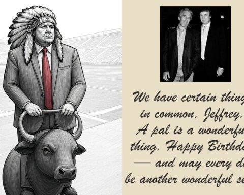 Trump sketch wearing Native headdress riding buffalo next to Epstein birthday card