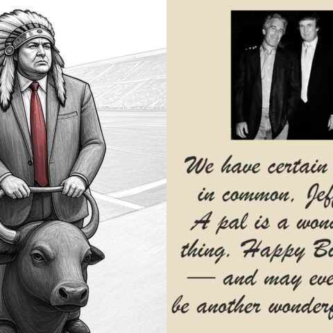 Trump sketch wearing Native headdress riding buffalo next to Epstein birthday card