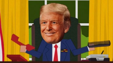 Donald Trump cartoon-style in Oval Office holding phone and comb