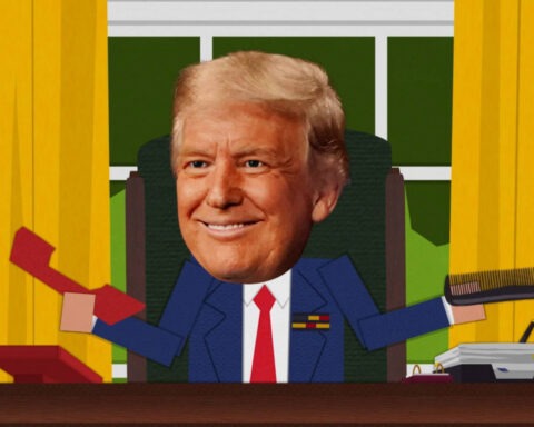 Donald Trump cartoon-style in Oval Office holding phone and comb