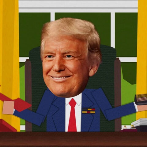 Donald Trump cartoon-style in Oval Office holding phone and comb