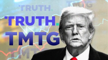 Donald Trump in front of TMTG logo and charts