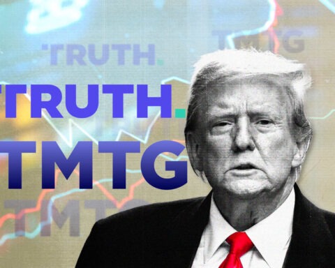 Donald Trump in front of TMTG logo and charts