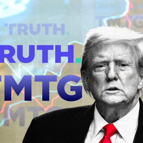 Donald Trump in front of TMTG logo and charts