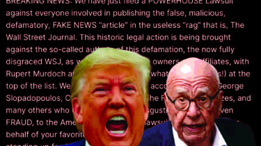 Donald Trump angrily shouting next to Rupert Murdoch with Trump’s Truth Social post in background