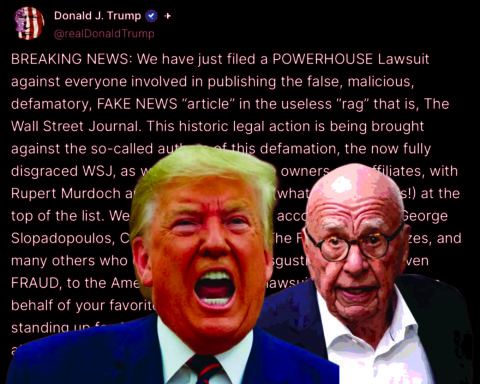 Donald Trump angrily shouting next to Rupert Murdoch with Trump’s Truth Social post in background