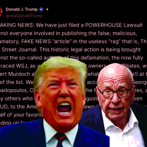 Donald Trump angrily shouting next to Rupert Murdoch with Trump’s Truth Social post in background