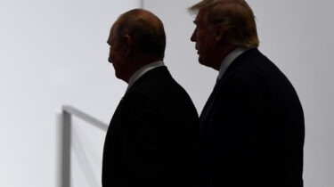 Silhouetted image of Donald Trump and Vladimir Putin walking side-by-side