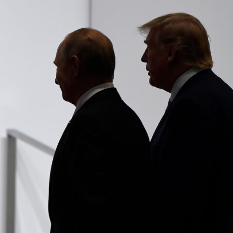 Silhouetted image of Donald Trump and Vladimir Putin walking side-by-side