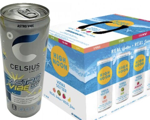 Celsius energy drink can next to a High Noon vodka seltzer variety pack