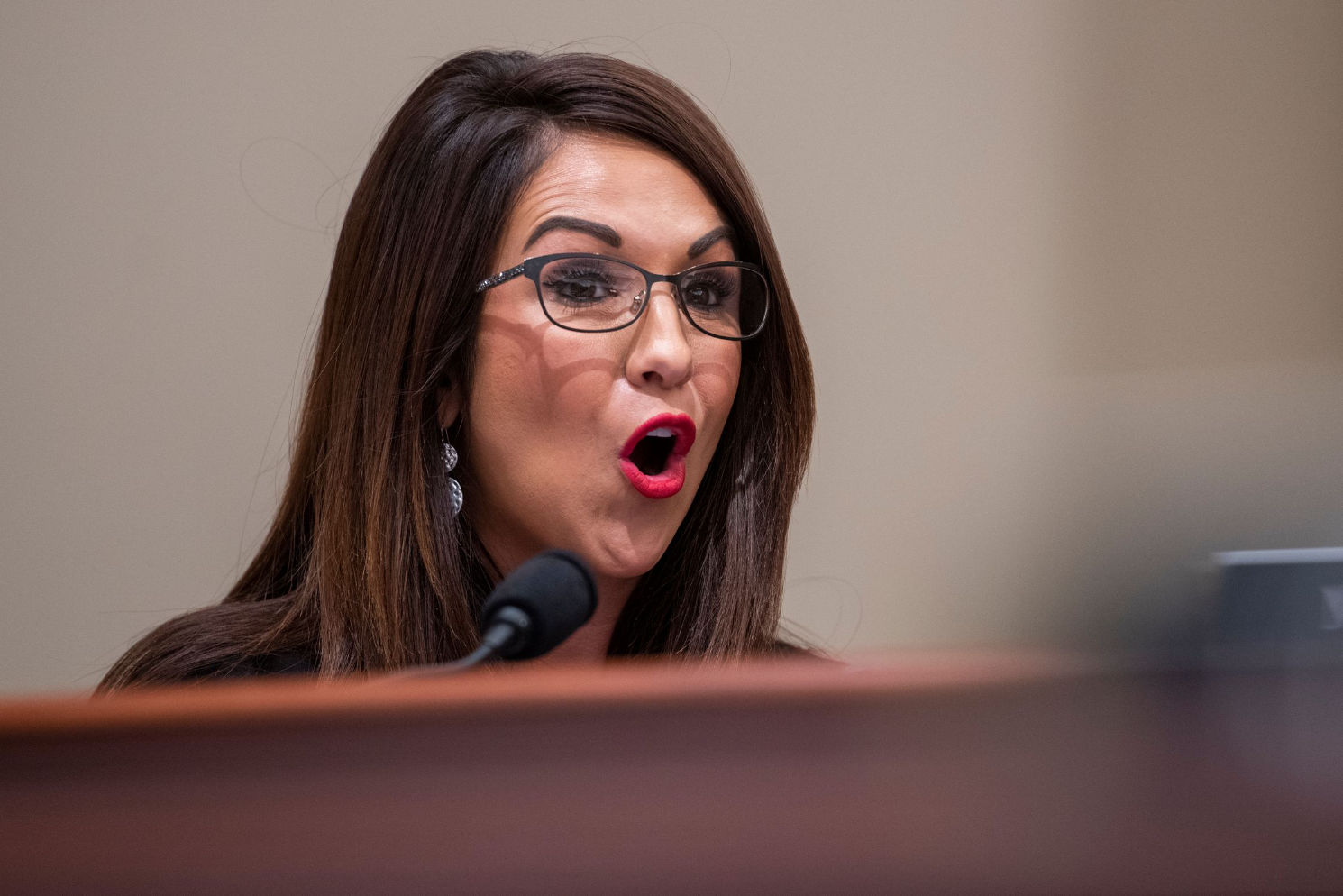 Lauren Boebert speaking with exaggerated expression during hearing