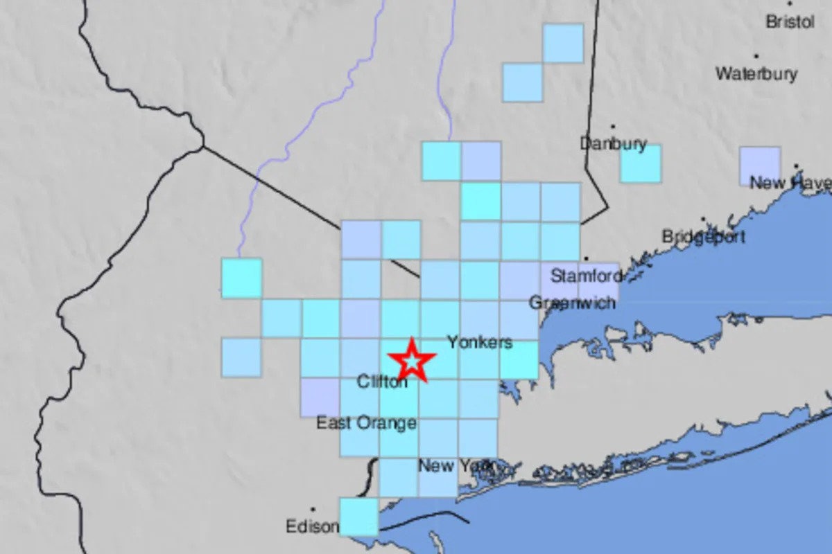 Map showing earthquake epicenter in Hasbrouck Heights, New Jersey