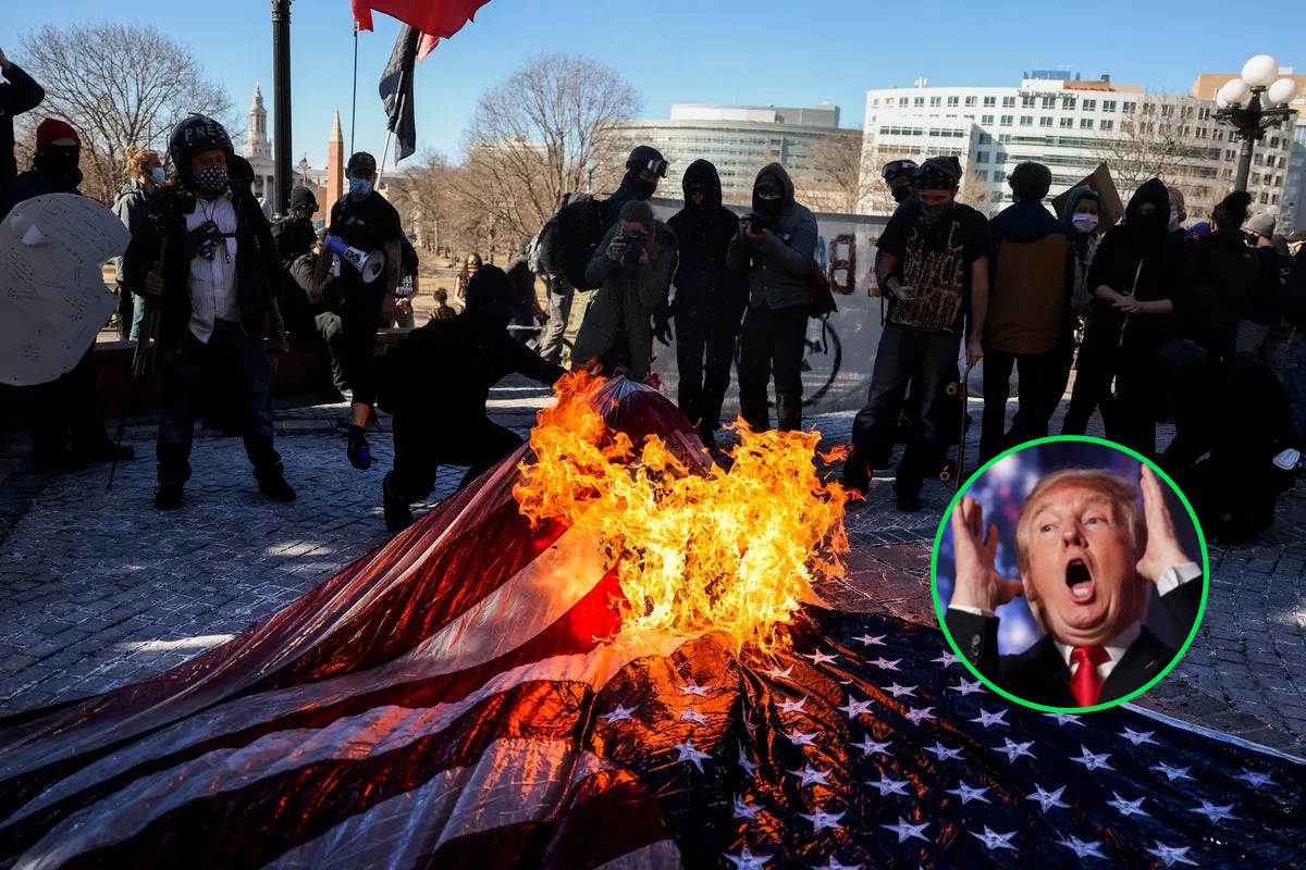 Protesters burn an American flag during a demonstration as Donald Trump reacts in inset photo