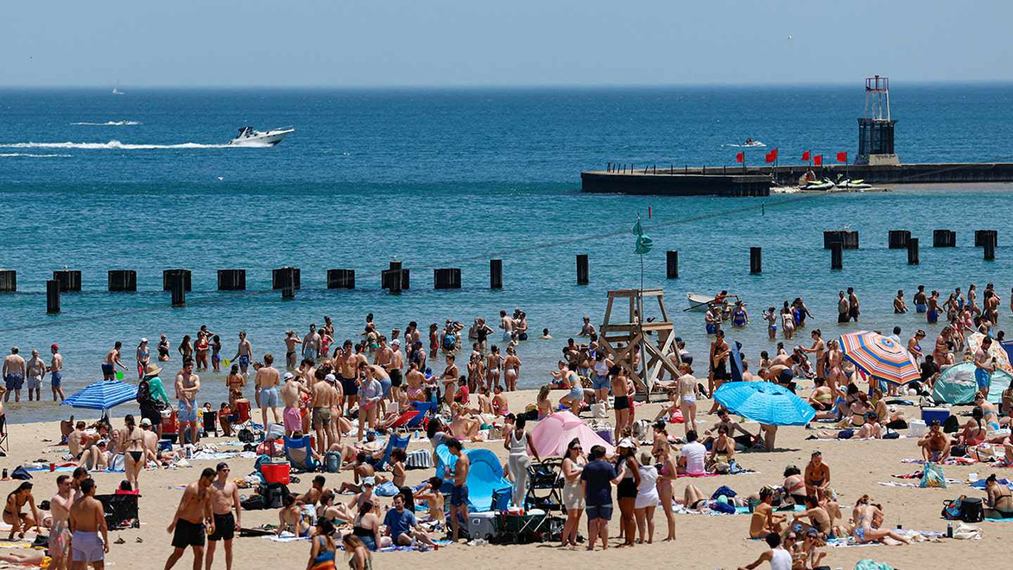 Crowded beach with swimmers in the water despite contamination warnings.